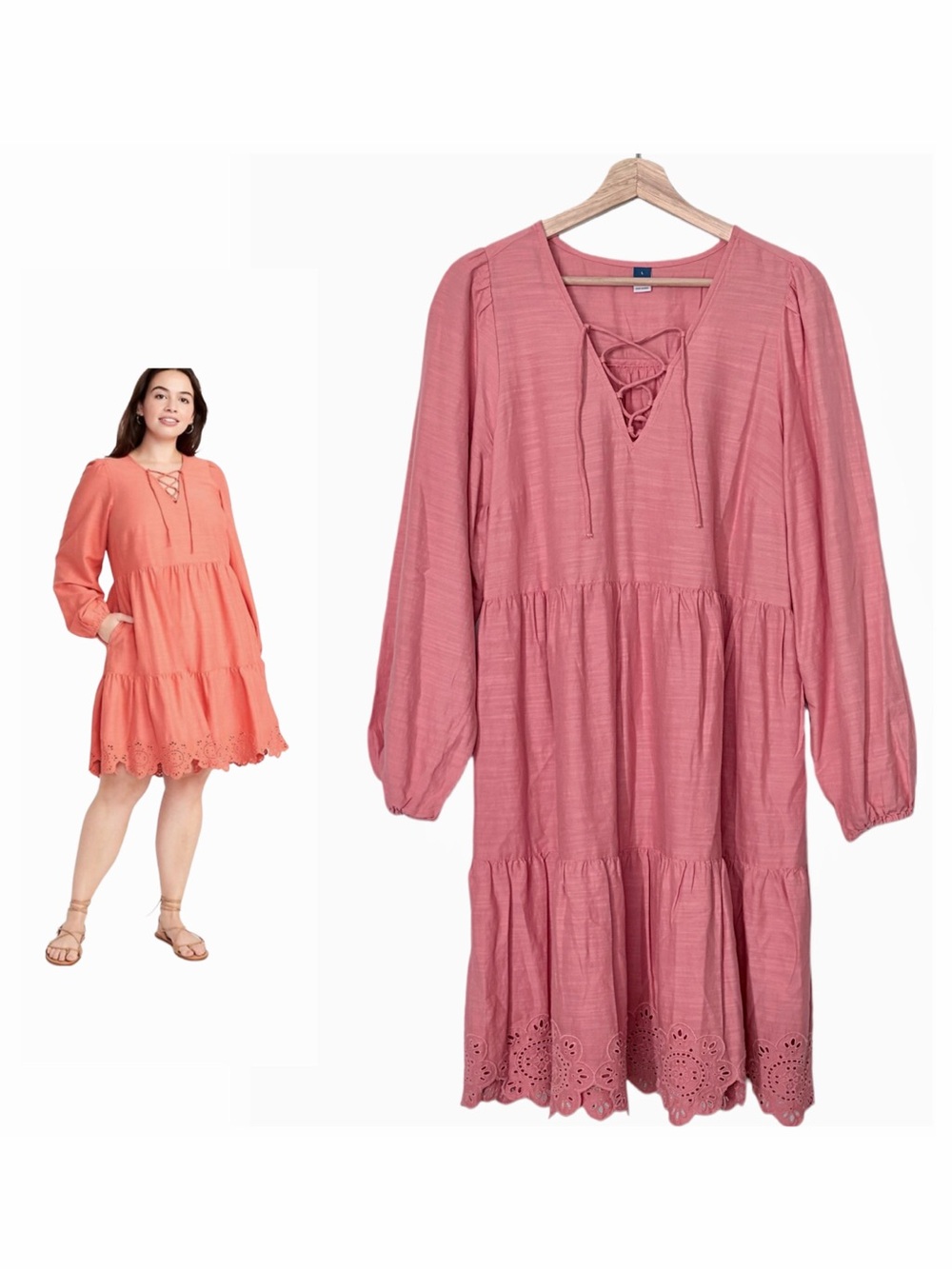 Old Navy Tiered Lace-Up Mini Swing Dress Light Pink Large Eyelet Scalloped Hem